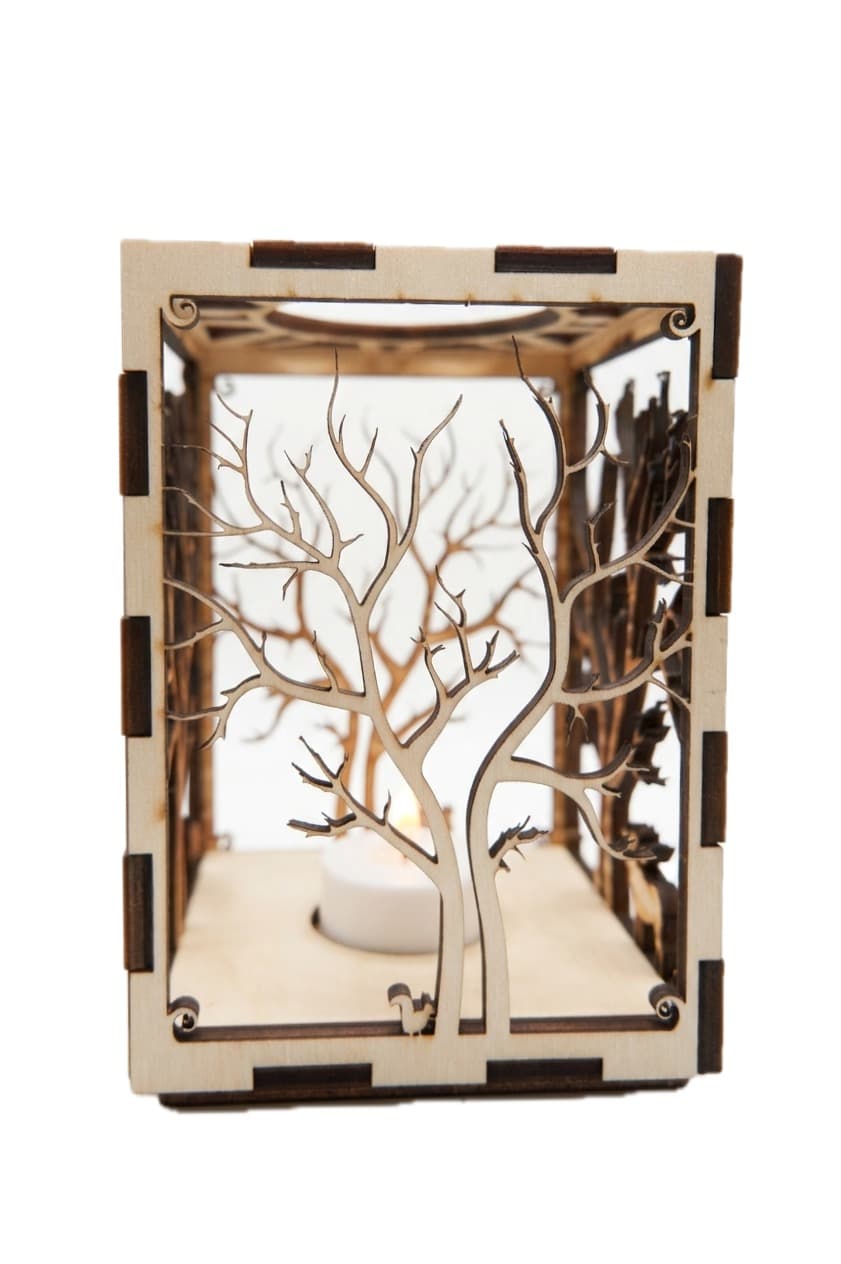 Photophore en bois gravé et découpé au laser, motif arbre de vie
