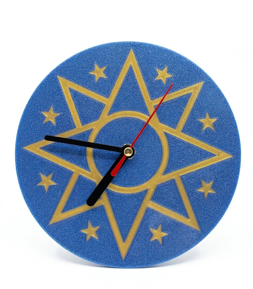 Horloge murale motif étoile à 8 branches or et bleu